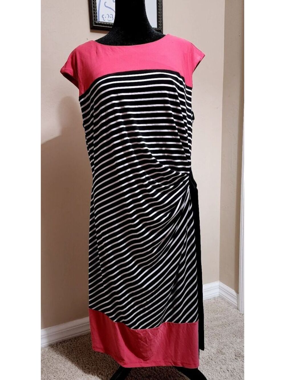 R&K XL Women's Striped Midi Dress with Pink Accents and Side Knot Detail